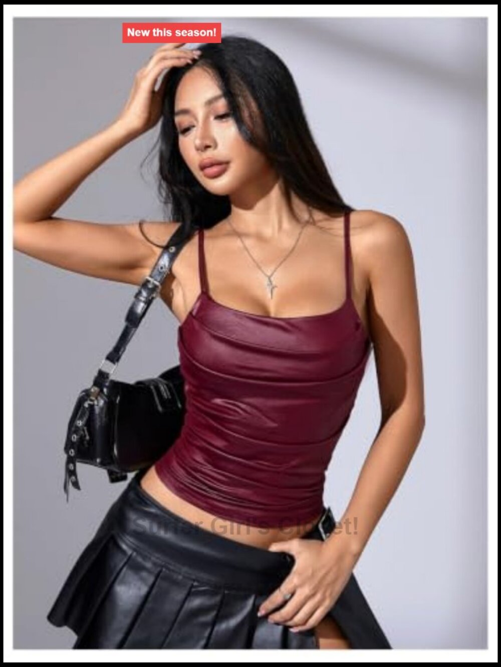 Faux Leather Draped Camisole Y2K Rave Party Top Square Neck Sleeveless - Picture 4 of 5